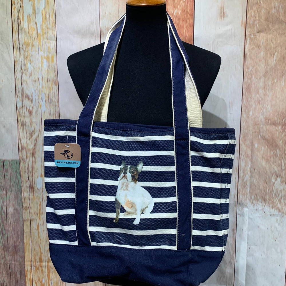 Hand Printed Upcycled Boston Terrier Striped Cotton Canvas Lands End Tote Bag